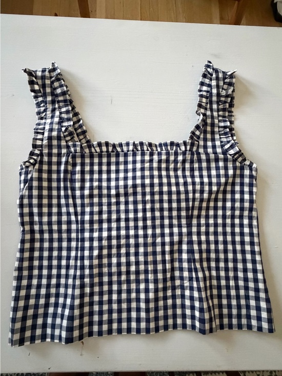 J. Crew Tops - J. Crew Navy and White Gingham Ruffle Trim Poplin Top